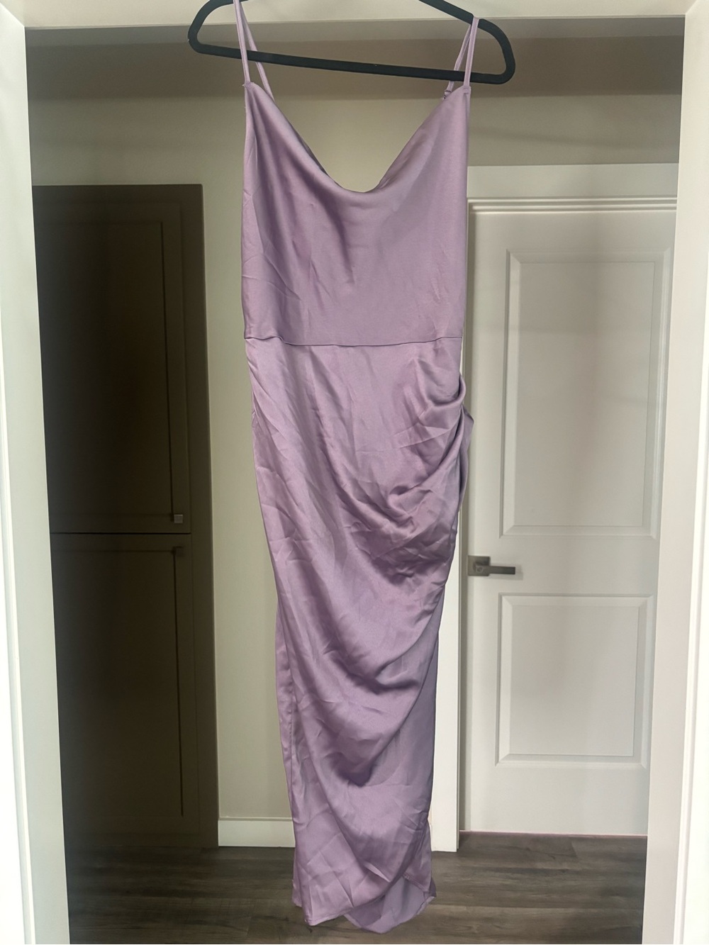 Lavender Satin Cowl Midi Dress with Spaghetti Straps